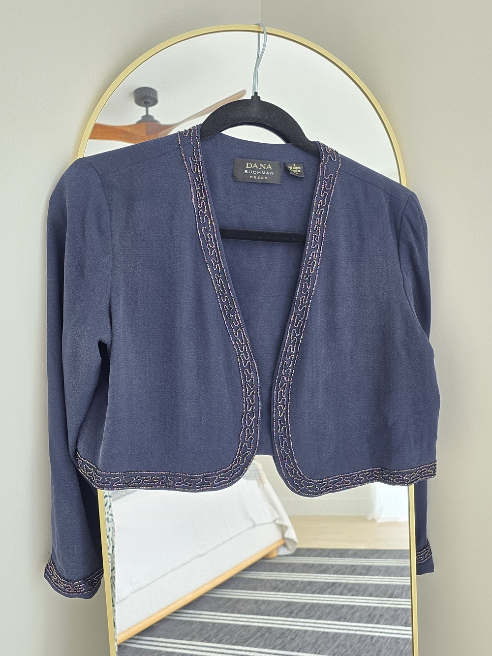 Dana Buchman Navy 100% Silk Y2K Vintage Cropped Embroidered-Trim Jacket